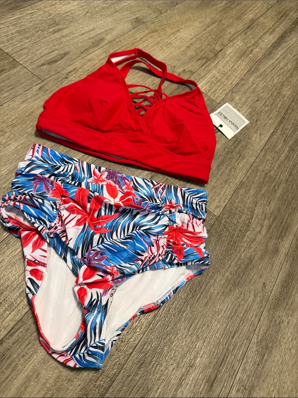 Red Strappy Bralette Bikini Top with Tropical High-Waist Bottoms - Unknown Brand